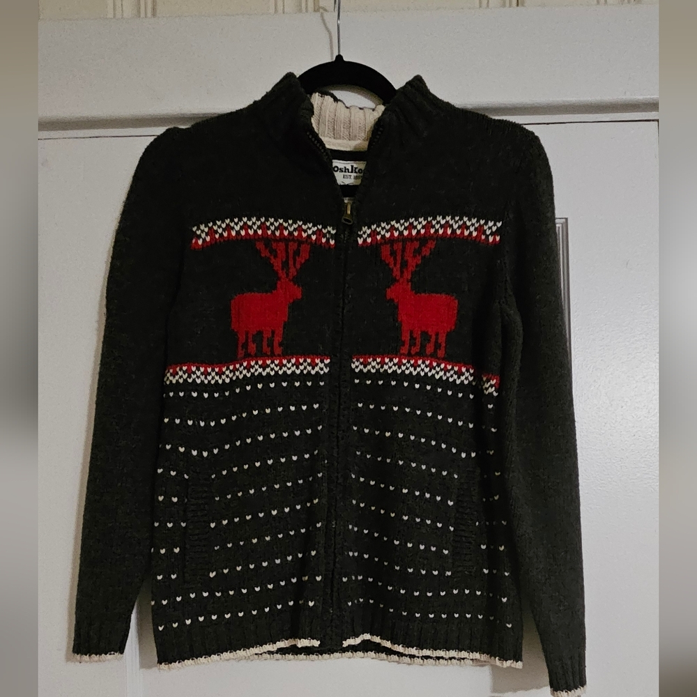 NWT Girl's OshKosh Full Zip Reindeer Sweater Size 10